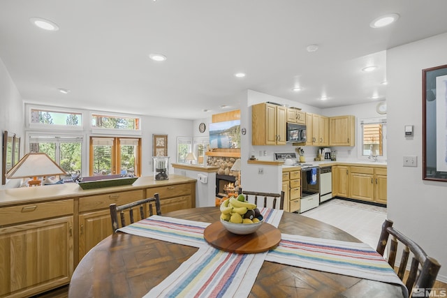 kitchen with dishwasher, a stone fireplace, sink, and white range with electric cooktop