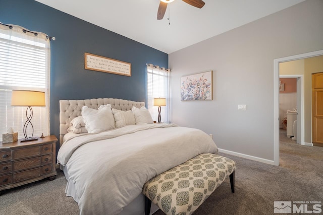 carpeted bedroom with lofted ceiling and ceiling fan