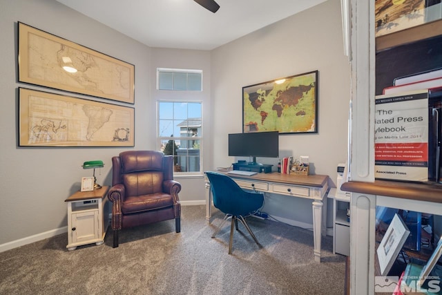 office with carpet floors and ceiling fan