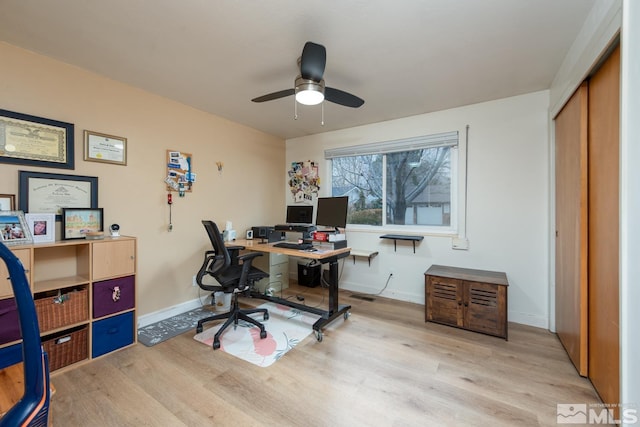 office space featuring light hardwood / wood-style floors and ceiling fan