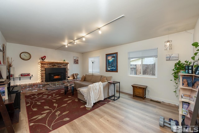 living room with wood-type flooring, a fireplace, and rail lighting