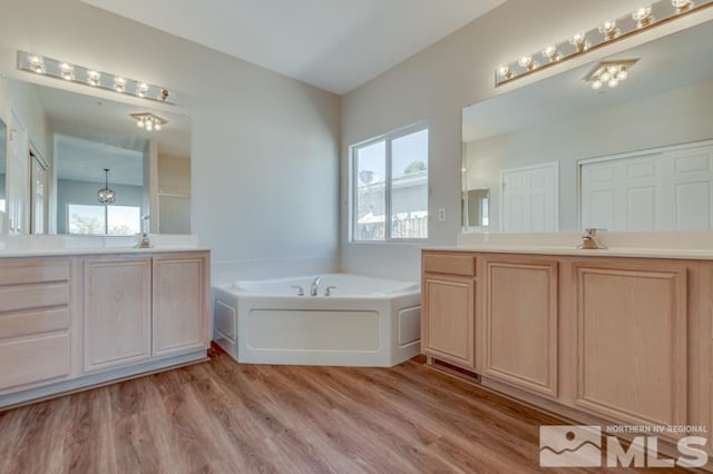 bathroom with vanity, hardwood / wood-style floors, and a tub