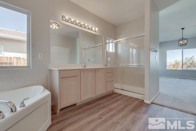 bathroom featuring hardwood / wood-style flooring, vanity, and plus walk in shower