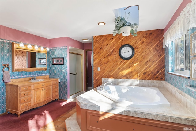 bathroom featuring vanity, tile patterned flooring, and independent shower and bath