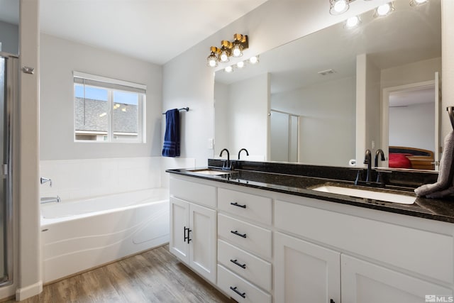 bathroom with wood-type flooring, plus walk in shower, and vanity