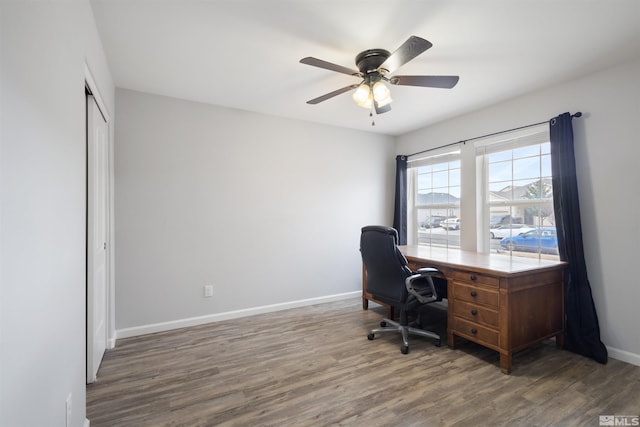 home office featuring dark wood-type flooring and ceiling fan