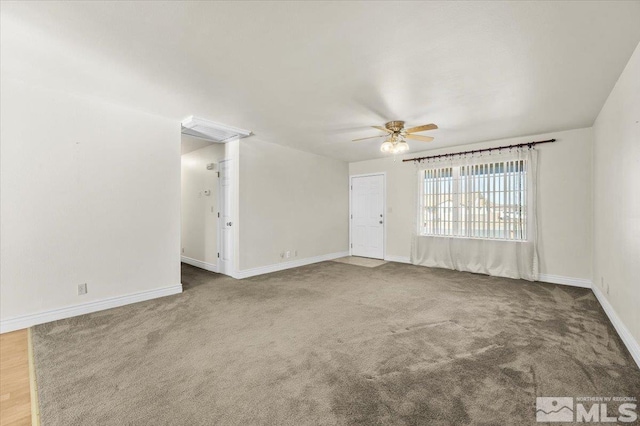empty room featuring ceiling fan and carpet flooring