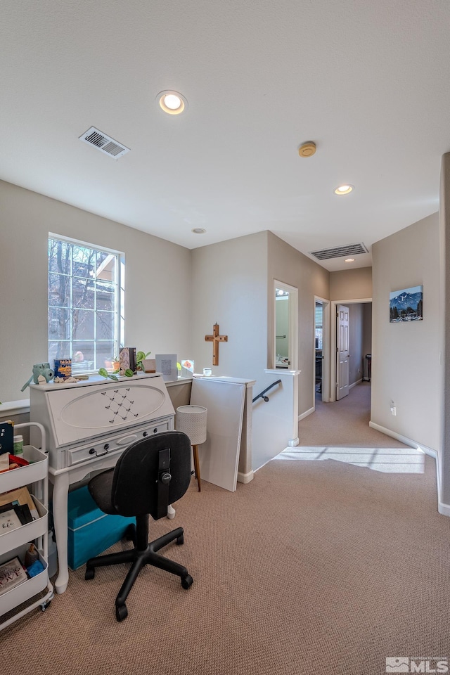 home office featuring light carpet