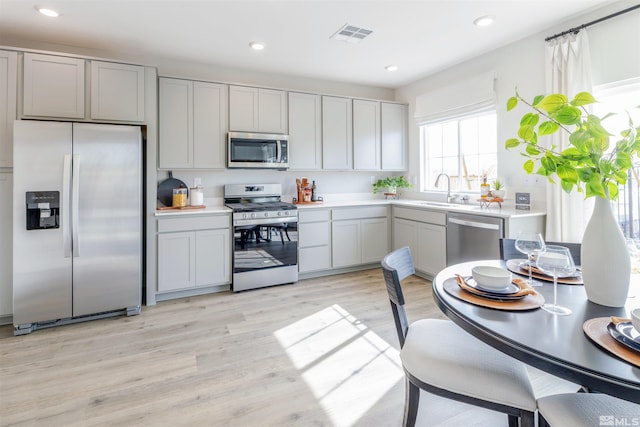 kitchen with stainless steel appliances, sink, light hardwood / wood-style floors, and gray cabinets