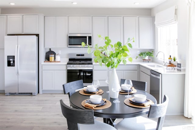 kitchen featuring stainless steel appliances, sink, and light hardwood / wood-style floors