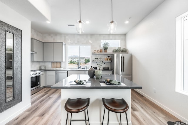 kitchen featuring stainless steel appliances, a center island, sink, and gray cabinets