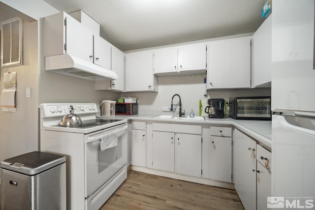 kitchen featuring white cabinetry, dark hardwood / wood-style flooring, sink, and white appliances