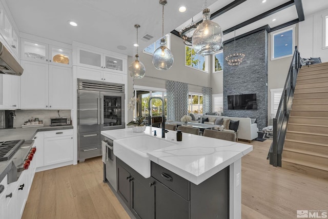 kitchen featuring pendant lighting, sink, stainless steel appliances, an island with sink, and white cabinets