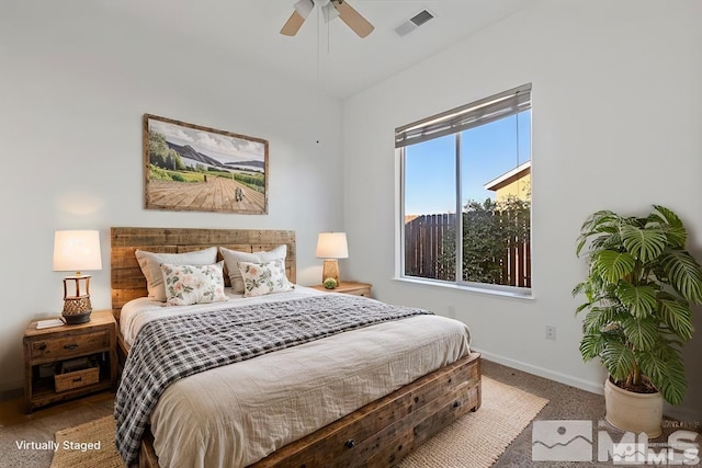 carpeted bedroom featuring ceiling fan