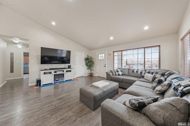 living room featuring dark hardwood / wood-style floors and high vaulted ceiling