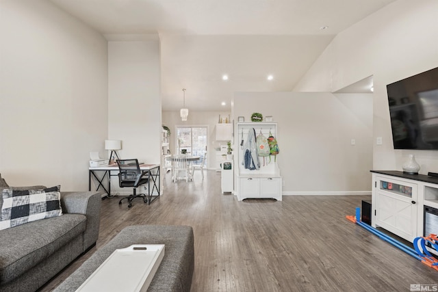 living room with wood-type flooring and high vaulted ceiling