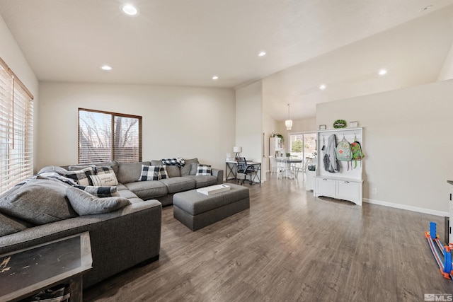 living room with lofted ceiling and dark hardwood / wood-style flooring