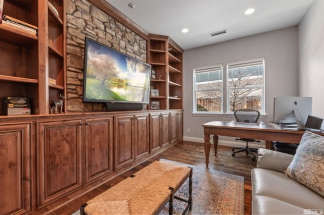 home office featuring dark hardwood / wood-style floors