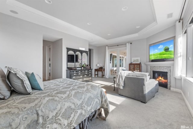 carpeted bedroom featuring a raised ceiling