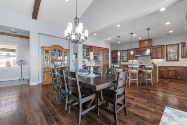 dining room with dark hardwood / wood-style flooring, beam ceiling, and a notable chandelier