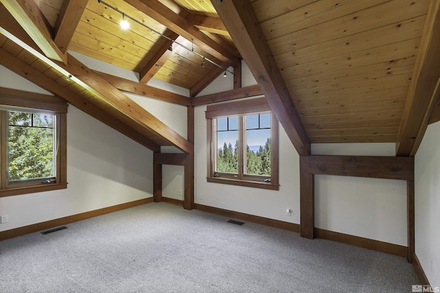 additional living space featuring lofted ceiling with beams, carpet, and a wealth of natural light