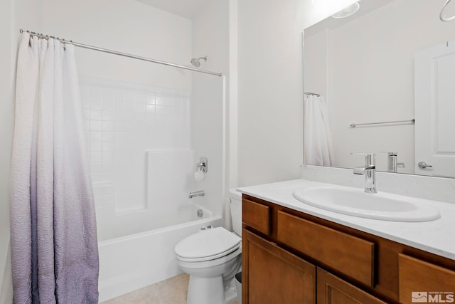 full bathroom featuring vanity, shower / bath combination with curtain, and toilet