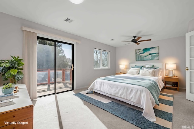 bedroom featuring carpet floors, access to outside, and ceiling fan