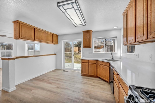 kitchen with appliances with stainless steel finishes, sink, a textured ceiling, and light wood-type flooring