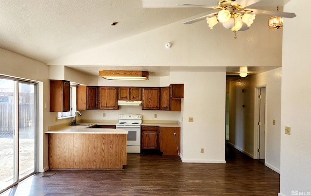 kitchen with sink, white range with electric cooktop, dark hardwood / wood-style flooring, vaulted ceiling, and kitchen peninsula