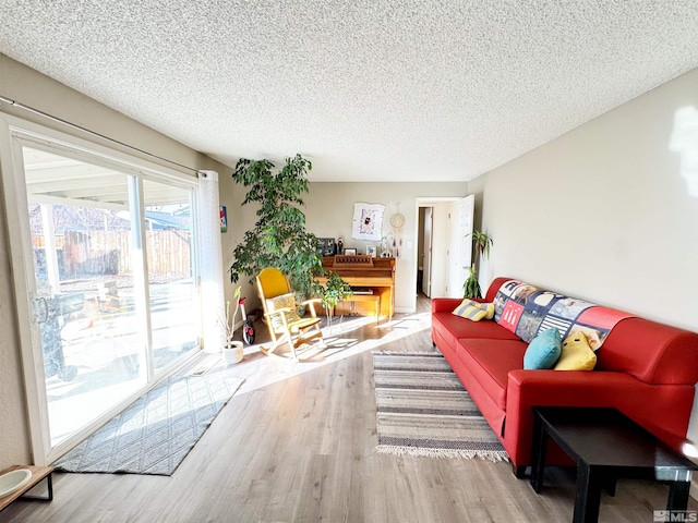 living room featuring a textured ceiling and light wood-type flooring