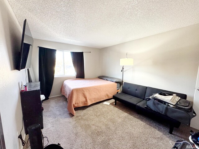 bedroom featuring carpet and a textured ceiling