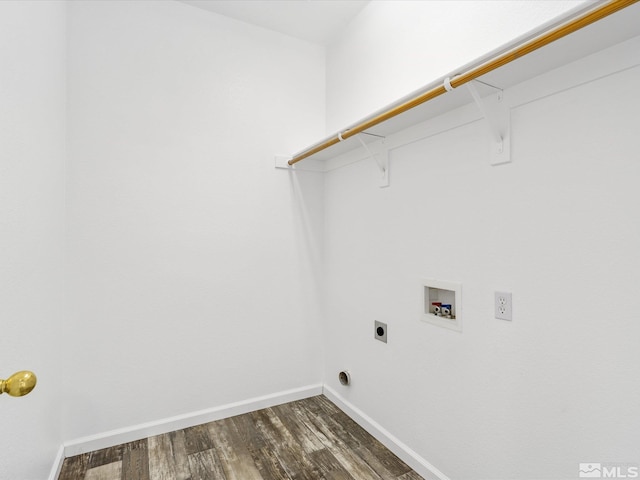 laundry area featuring electric dryer hookup, hookup for a washing machine, and dark hardwood / wood-style flooring