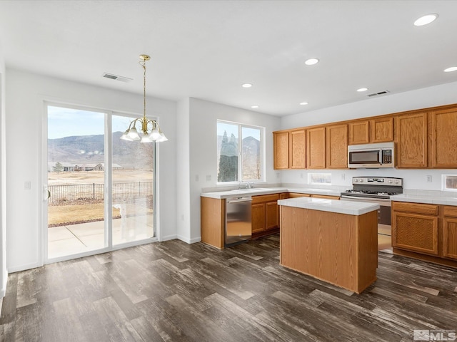 kitchen with a kitchen island, appliances with stainless steel finishes, decorative light fixtures, dark hardwood / wood-style flooring, and a mountain view