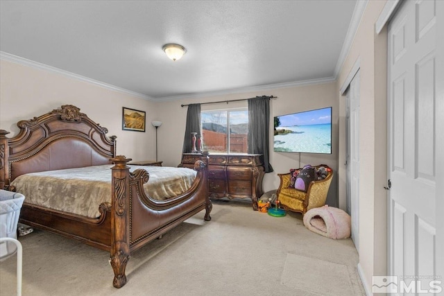 carpeted bedroom with crown molding