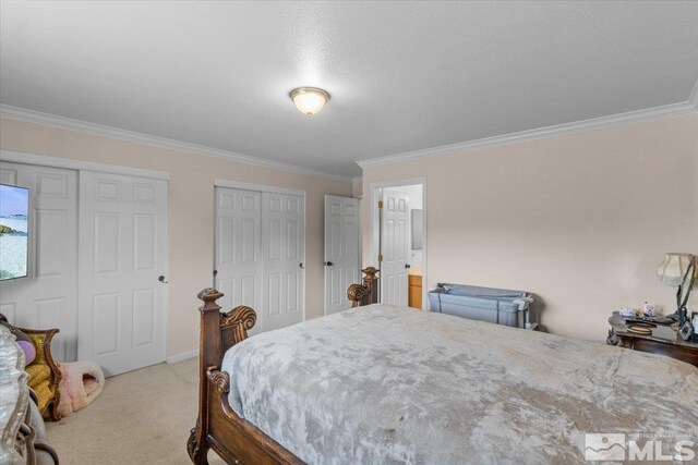 carpeted bedroom with multiple closets and ornamental molding