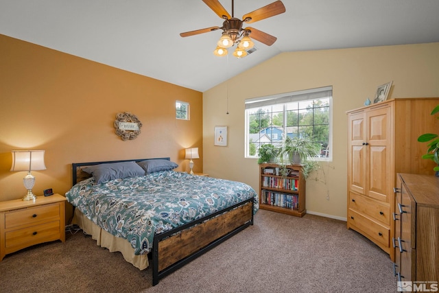 bedroom featuring lofted ceiling, carpet flooring, and ceiling fan