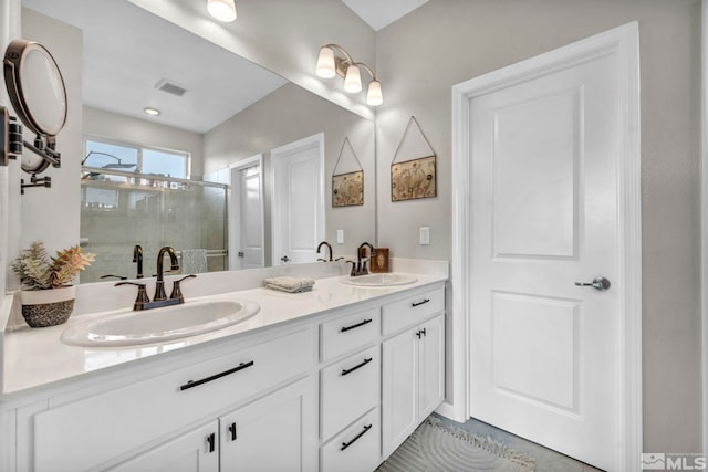 bathroom featuring vanity and a shower with door