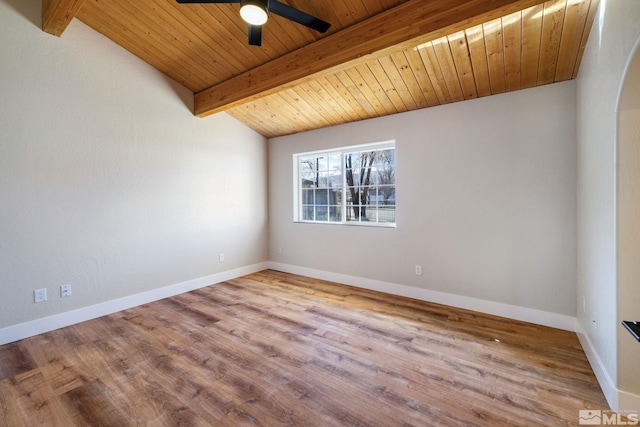 empty room with ceiling fan, vaulted ceiling with beams, wooden ceiling, and light hardwood / wood-style floors