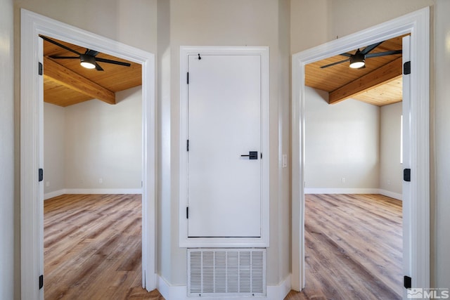 corridor with wooden ceiling, beam ceiling, and light hardwood / wood-style floors