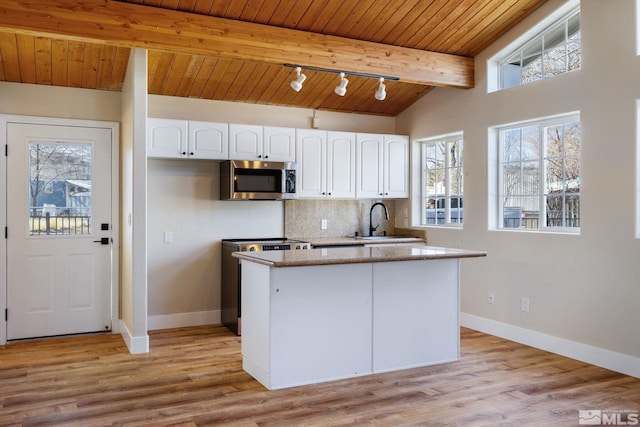 kitchen with sink, wood ceiling, white cabinets, stainless steel appliances, and backsplash