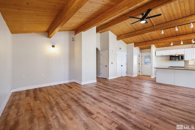 unfurnished living room with lofted ceiling with beams, light hardwood / wood-style flooring, wooden ceiling, track lighting, and ceiling fan