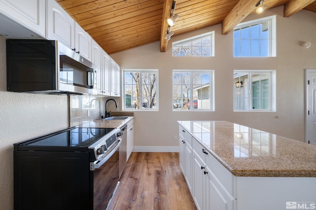 kitchen featuring wood ceiling, stainless steel appliances, and white cabinets