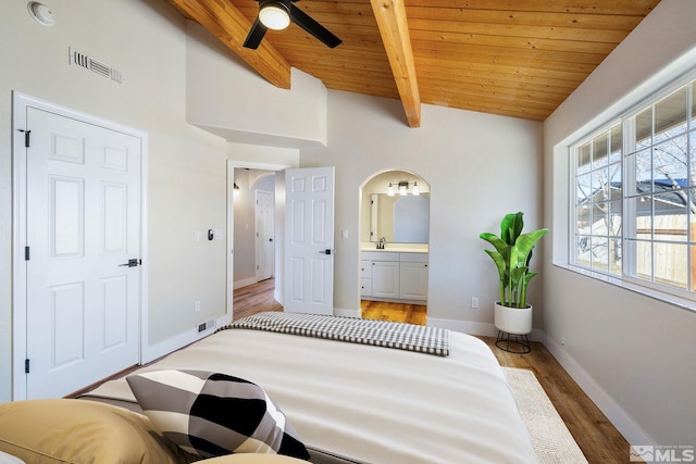 bedroom featuring hardwood / wood-style flooring, ensuite bathroom, lofted ceiling with beams, and wooden ceiling