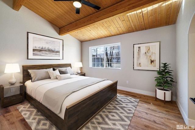 bedroom featuring wood-type flooring, vaulted ceiling with beams, wooden ceiling, and ceiling fan