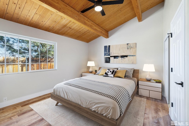 bedroom with wood ceiling, light hardwood / wood-style floors, and lofted ceiling with beams