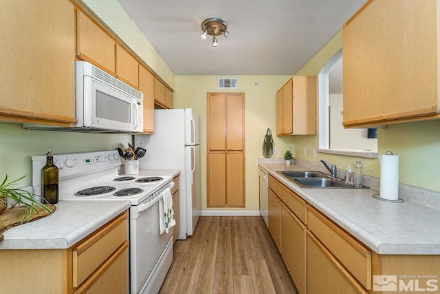 kitchen featuring light brown cabinetry, sink, white appliances, and light hardwood / wood-style floors