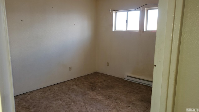 spare room with carpet floors and baseboard heating