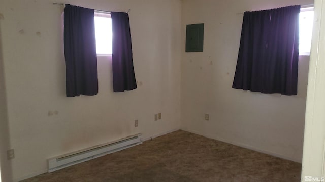 carpeted spare room with a baseboard radiator and electric panel