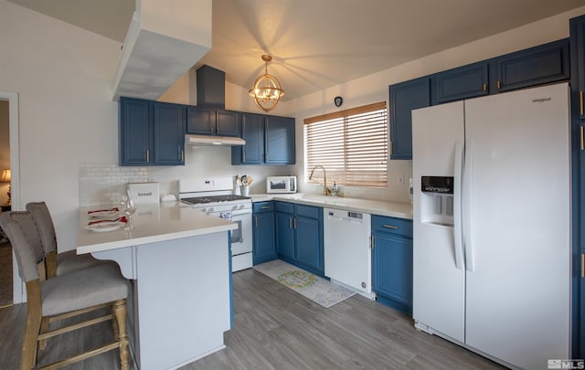kitchen with blue cabinets, sink, hanging light fixtures, kitchen peninsula, and white appliances