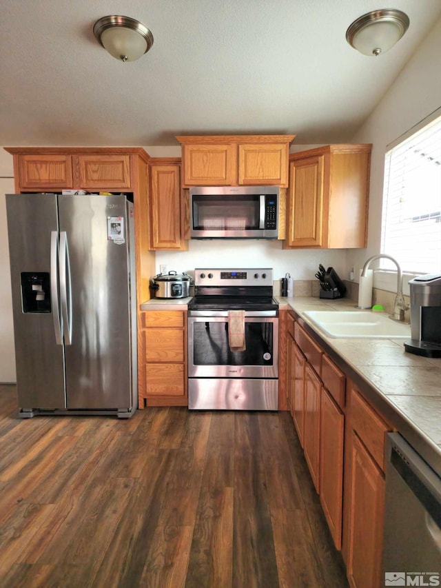 kitchen featuring appliances with stainless steel finishes, sink, and dark hardwood / wood-style flooring